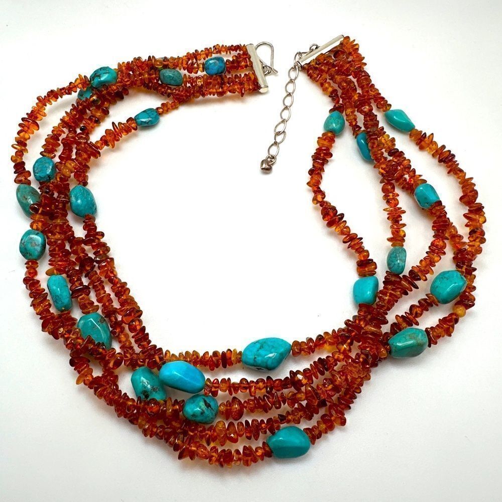 Multi-strand amber chip and turquoise DTR Jay King sterling silver necklace!‎